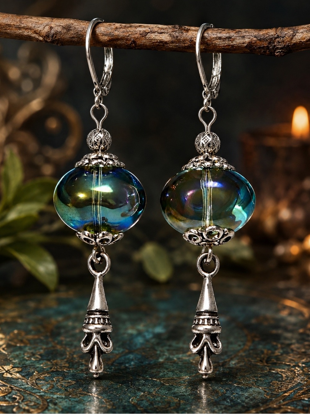 Iridescent Czech Glass Boho Earrings, Silver Dangle, MTO - Picture 9 of 11
